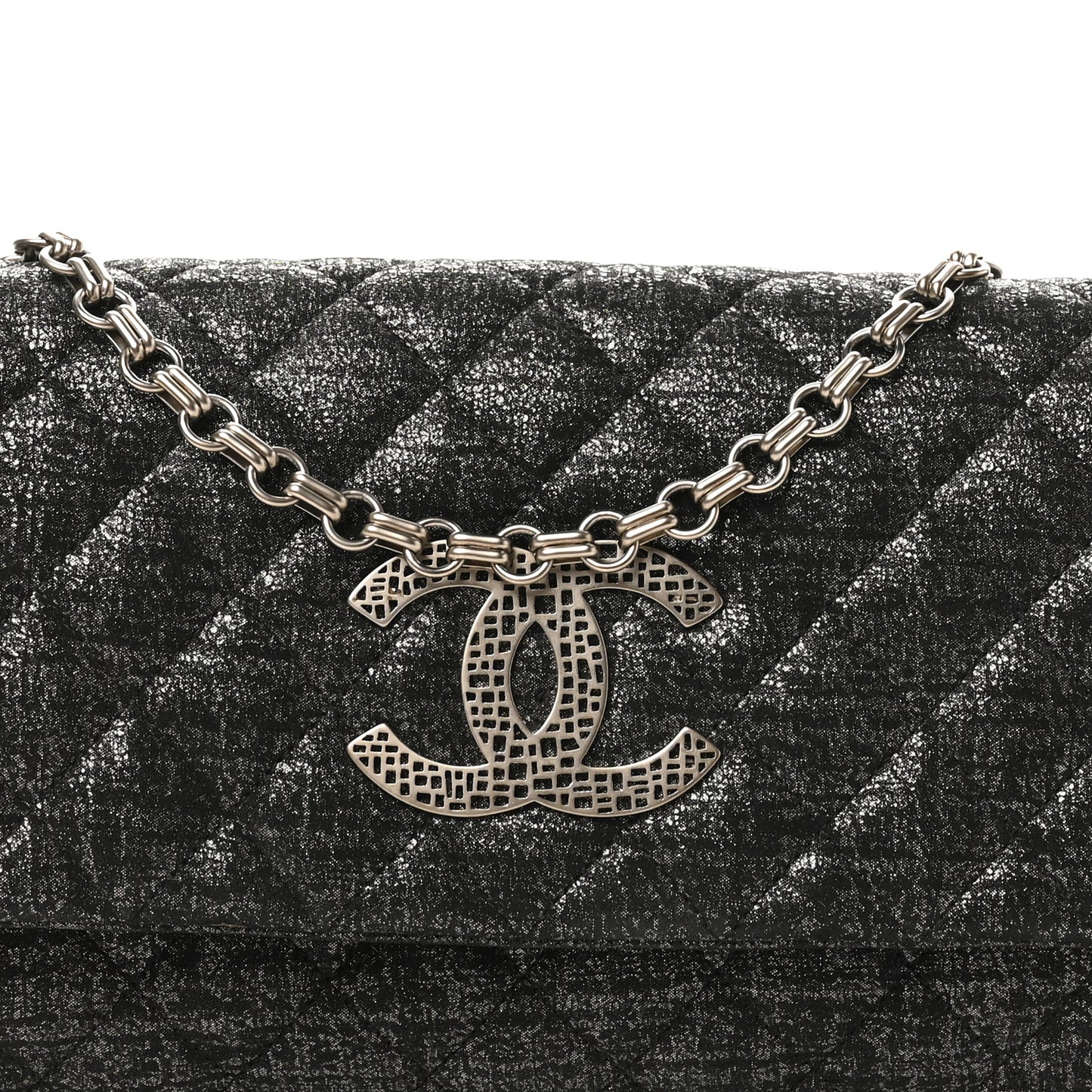 Glitter Fabric Quilted Flap Clutch With Butterfly Chain Black