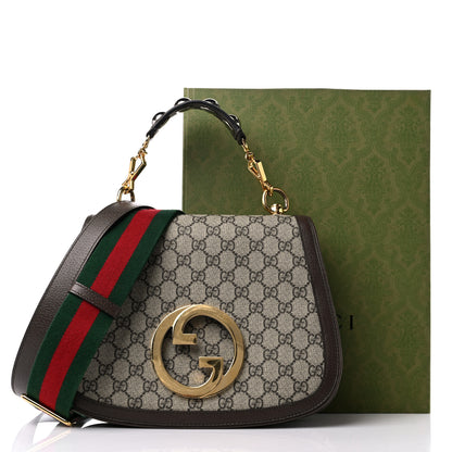 Gucci GG Supreme Monogram Textured Dollar Calfskin Web Medium Blondie Top Handle Shoulder Flap Bag Beige Ebony New Acero 14 of 14
