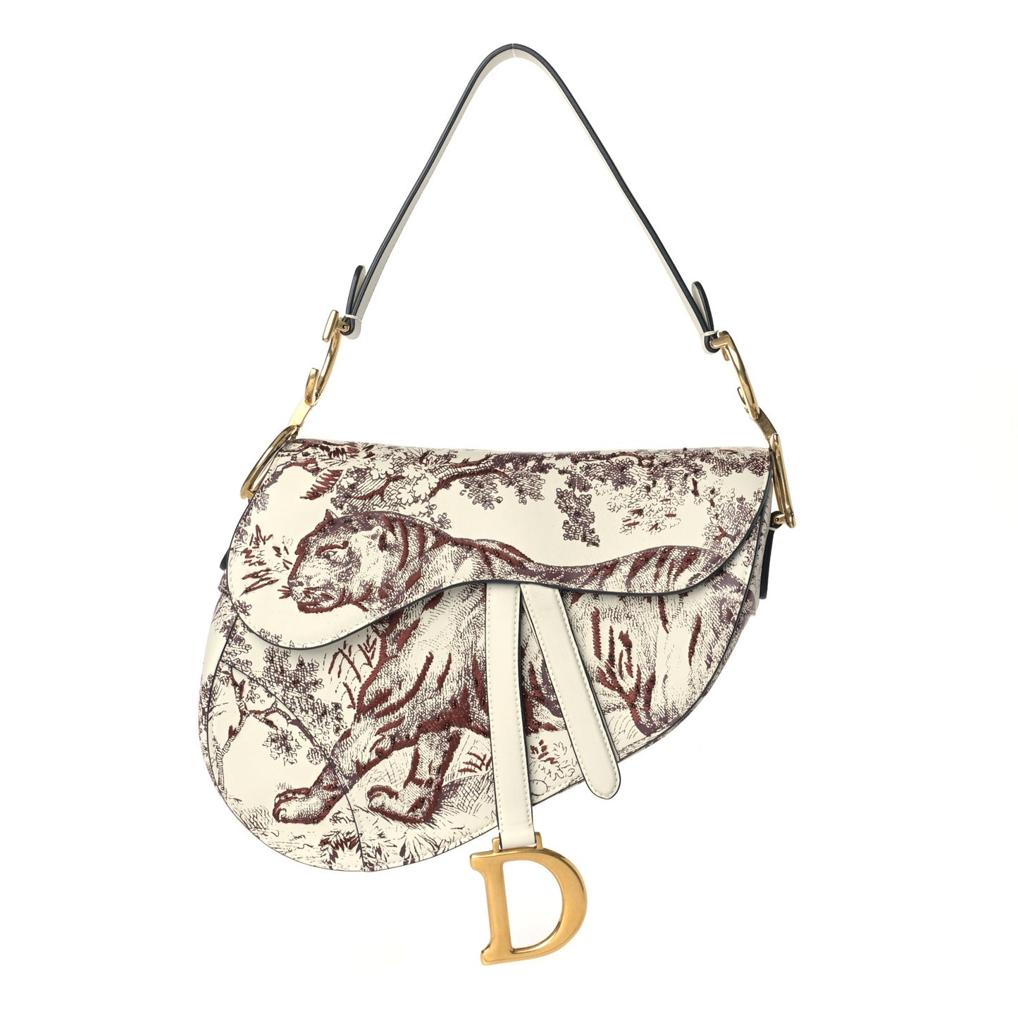 Calfskin Embroidered Toile de Jouy Saddle Bag Burgundy