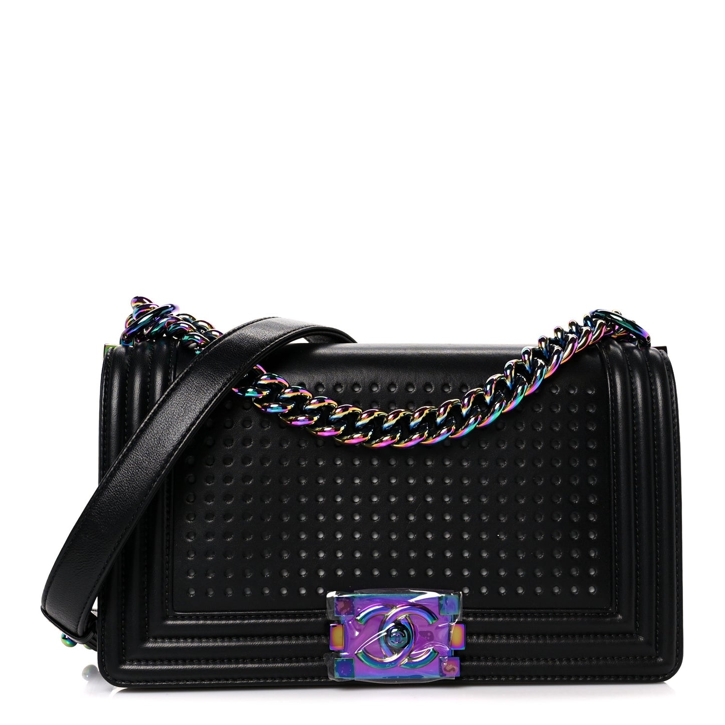 Lambskin LED Iridescent Metal Medium Boy Flap Black Multicolor