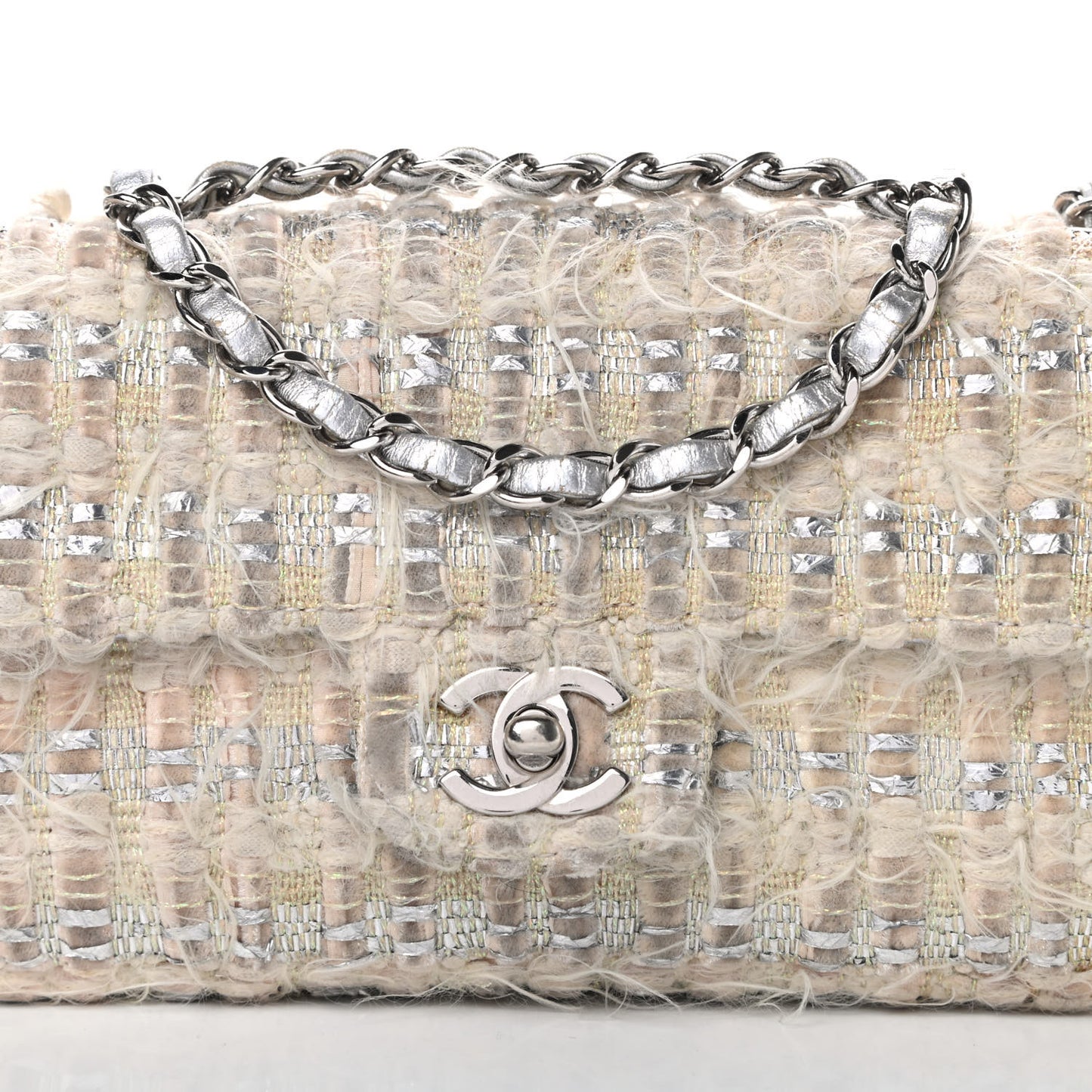 Tweed Quilted Single Flap Beige