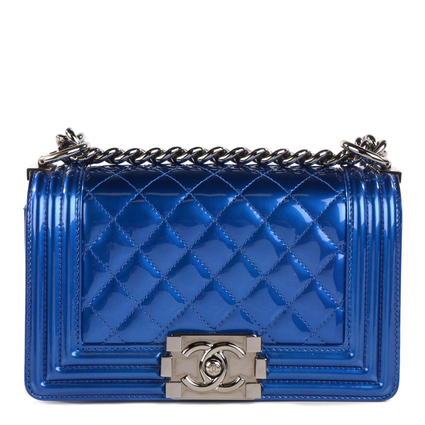 Metallic Patent Calfskin Quilted Small Boy Flap Blue