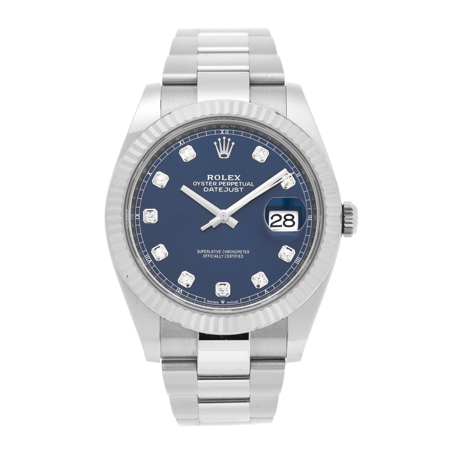 Rolex Stainless Steel 18K White Gold Diamond 41mm Oyster Perpetual Datejust Watch Bright Blue 126334 1 of 5