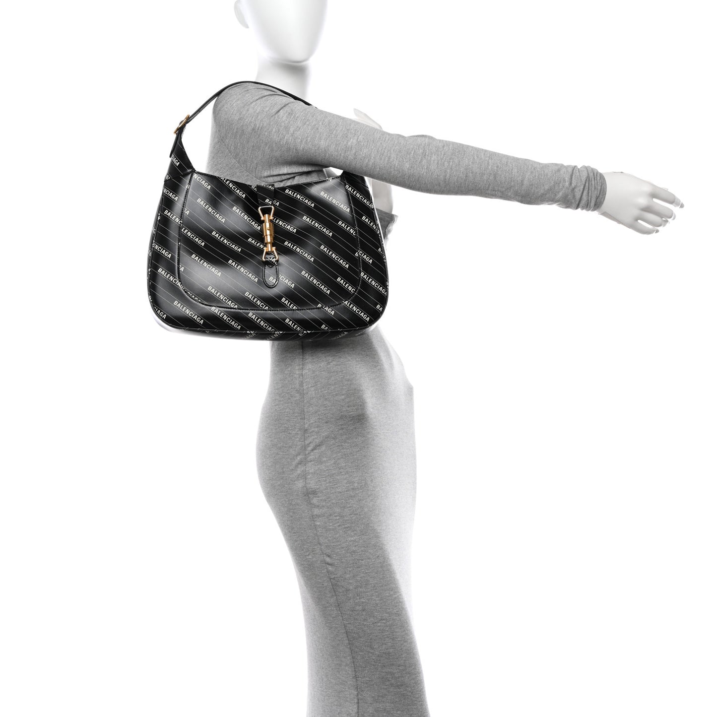 X BALENCIAGA Calfskin Logo Print Medium Jackie 1961 Hobo Black