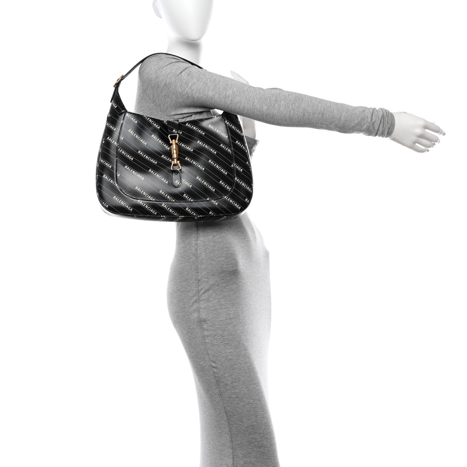 Gucci X BALENCIAGA Calfskin Logo Print Medium Jackie 1961 Hobo Black 2 of 10
