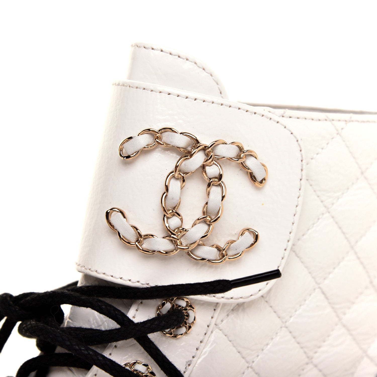 Chanel Shiny Goatskin Calfskin Quilted Lace Up Combat Boots 37 Black White 8 of 9