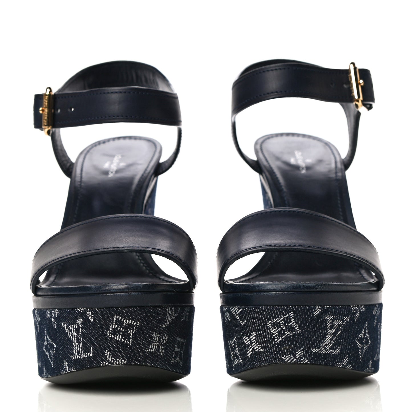 Calfskin Monogram Denim Waterfall Wedge Sandals 38 Blue