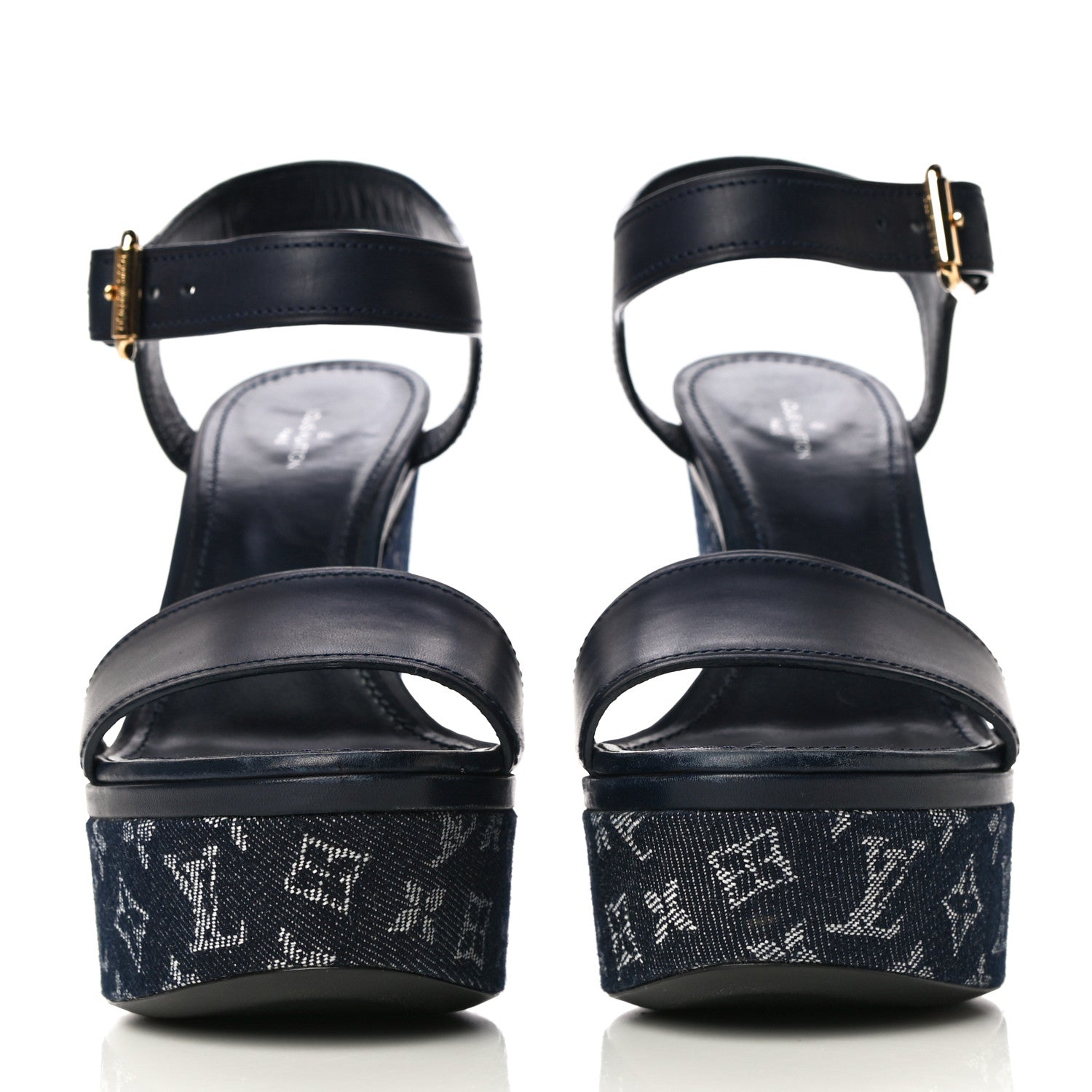Louis Vuitton Calfskin Monogram Denim Waterfall Wedge Sandals 38 Blue 2 of 18