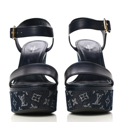 Louis Vuitton Calfskin Monogram Denim Waterfall Wedge Sandals 38 Blue 2 of 18