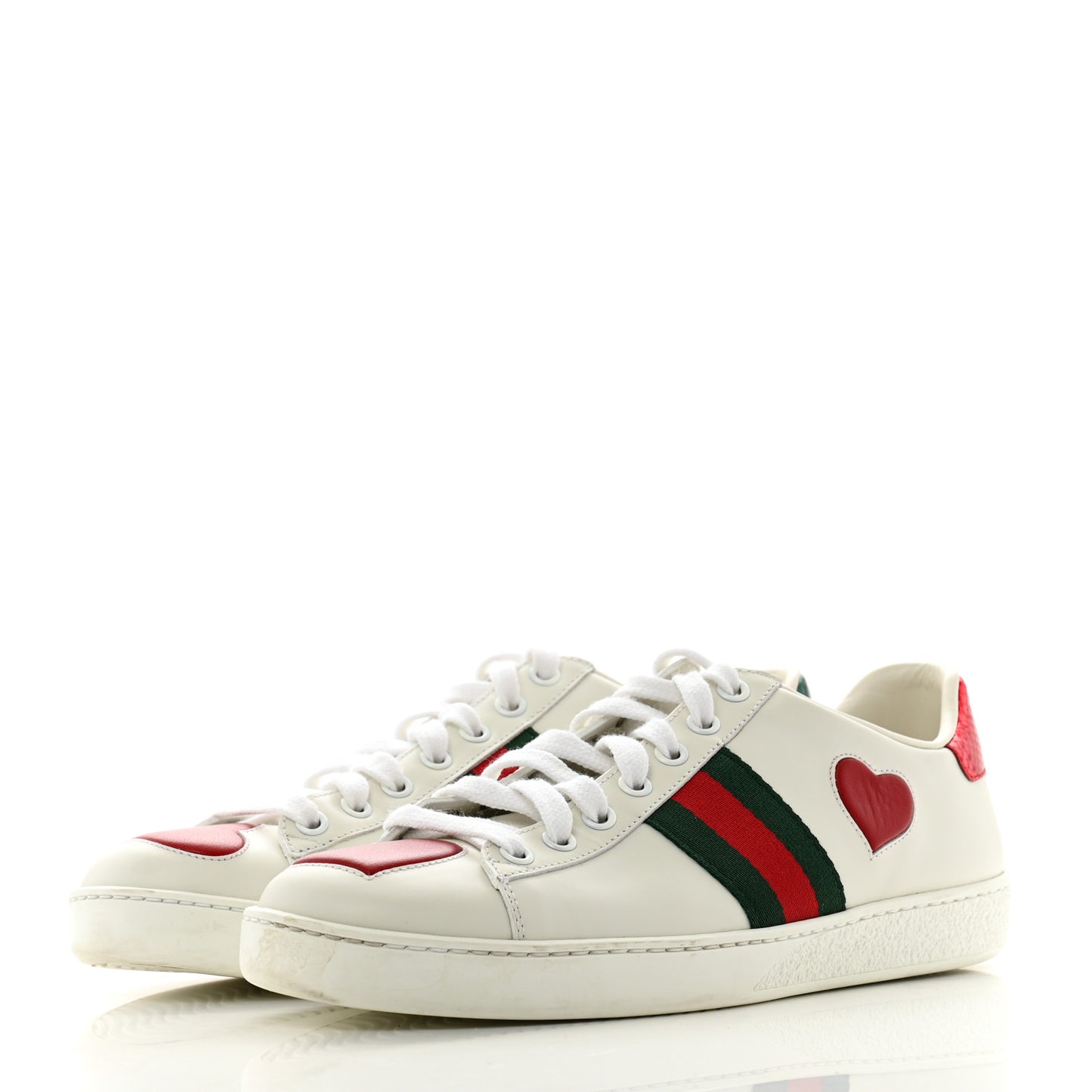 Calfskin Web Heart Embroidered Womens Ace Sneakers 38 White