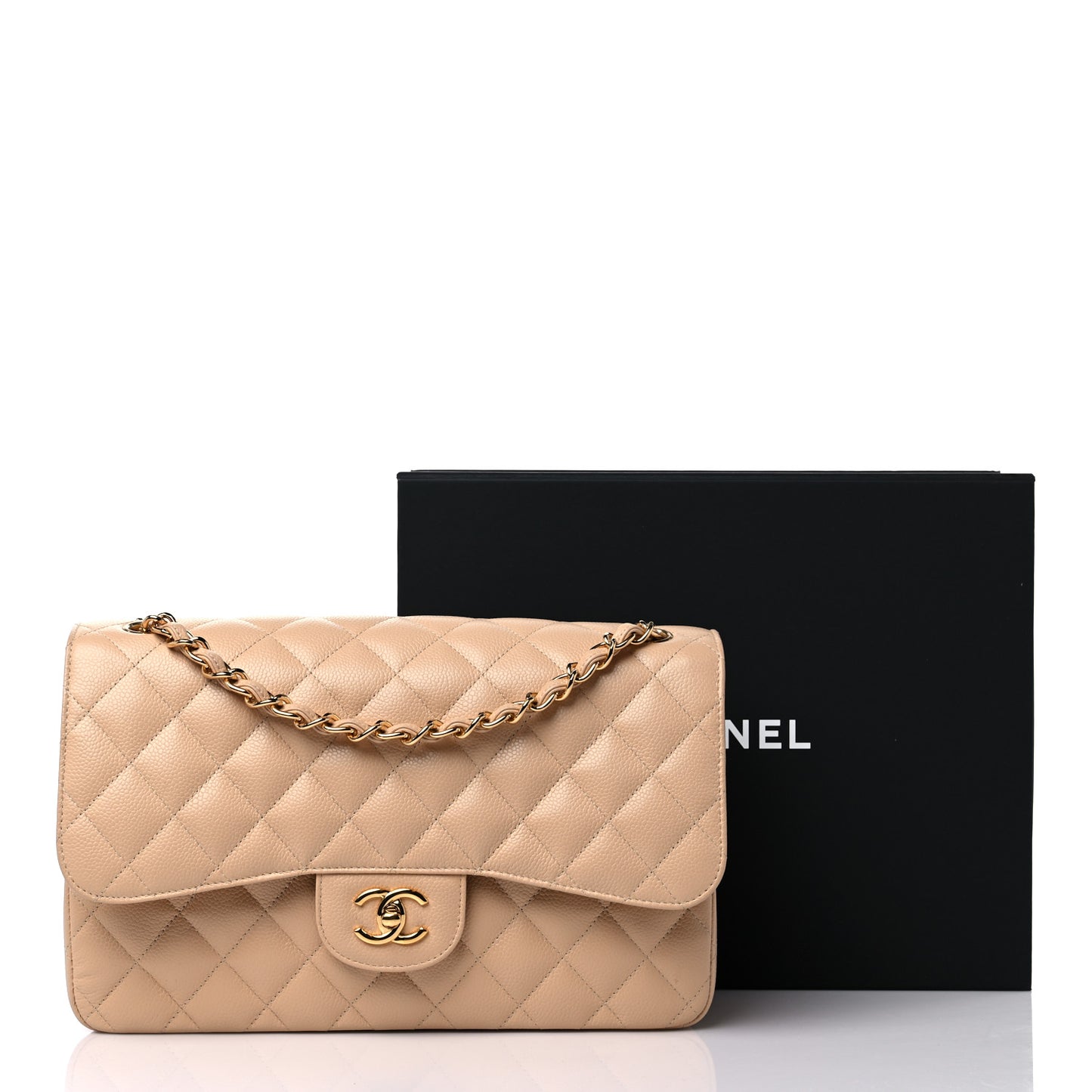 Caviar Quilted Jumbo Double Flap Beige Clair