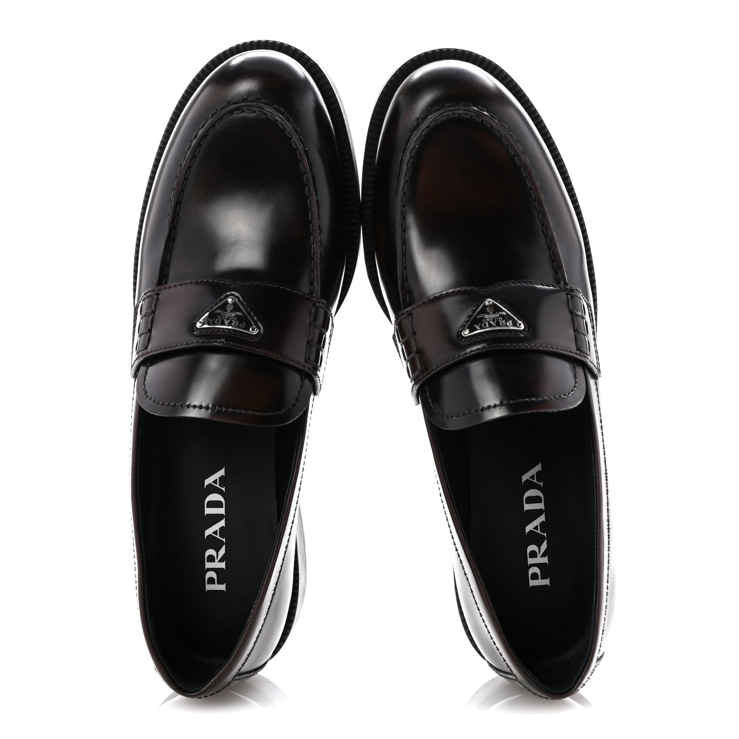 Prada Spazzolato Fume Metal Triangle Logo 35mm Loafers 38.5 Bruciato 2 of 9