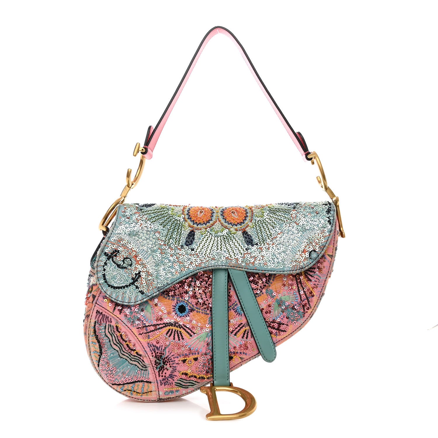 Christian Dior Satin Beaded Saddle Bag Pink Multicolor 1 of 10