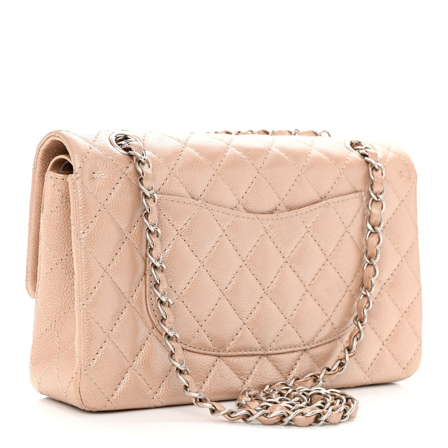 Iridescent Caviar Quilted Medium Double Flap Beige