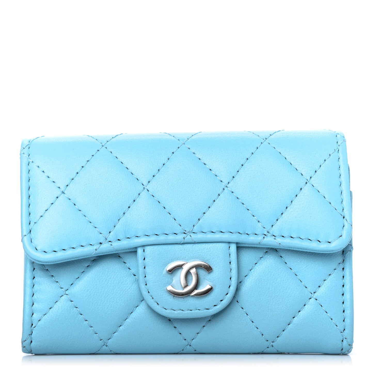 Lambskin Quilted Flap Card Holder Wallet Light Blue