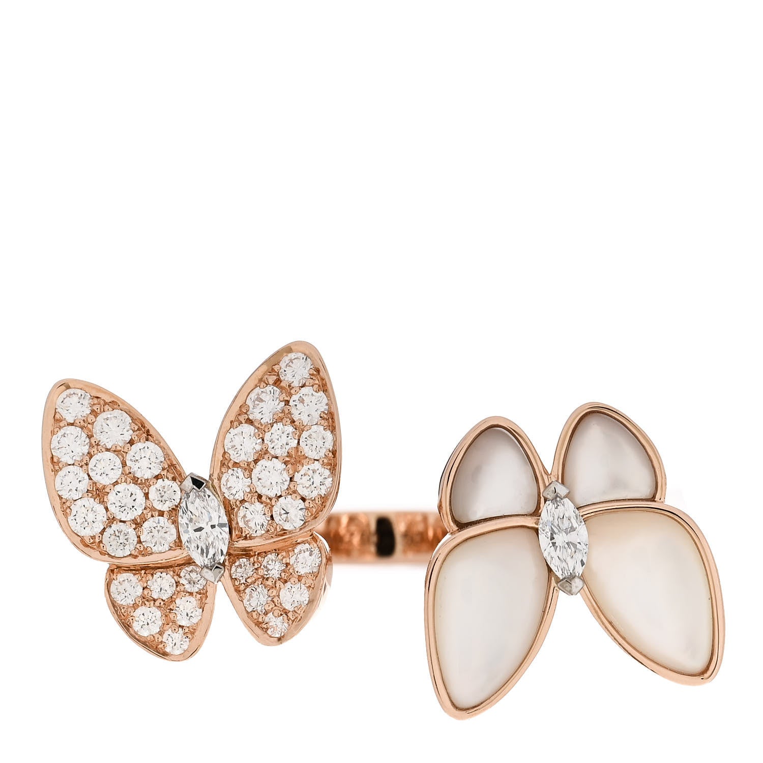 Van Cleef & Arpels 18K Rose Gold Diamond Mother of Pearl Two Butterfly Between The Finger Ring 50 5.25 1 of 5