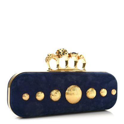 Alexander McQueen Suede Studded Skull Knuckle Box Clutch Navy 3 of 14