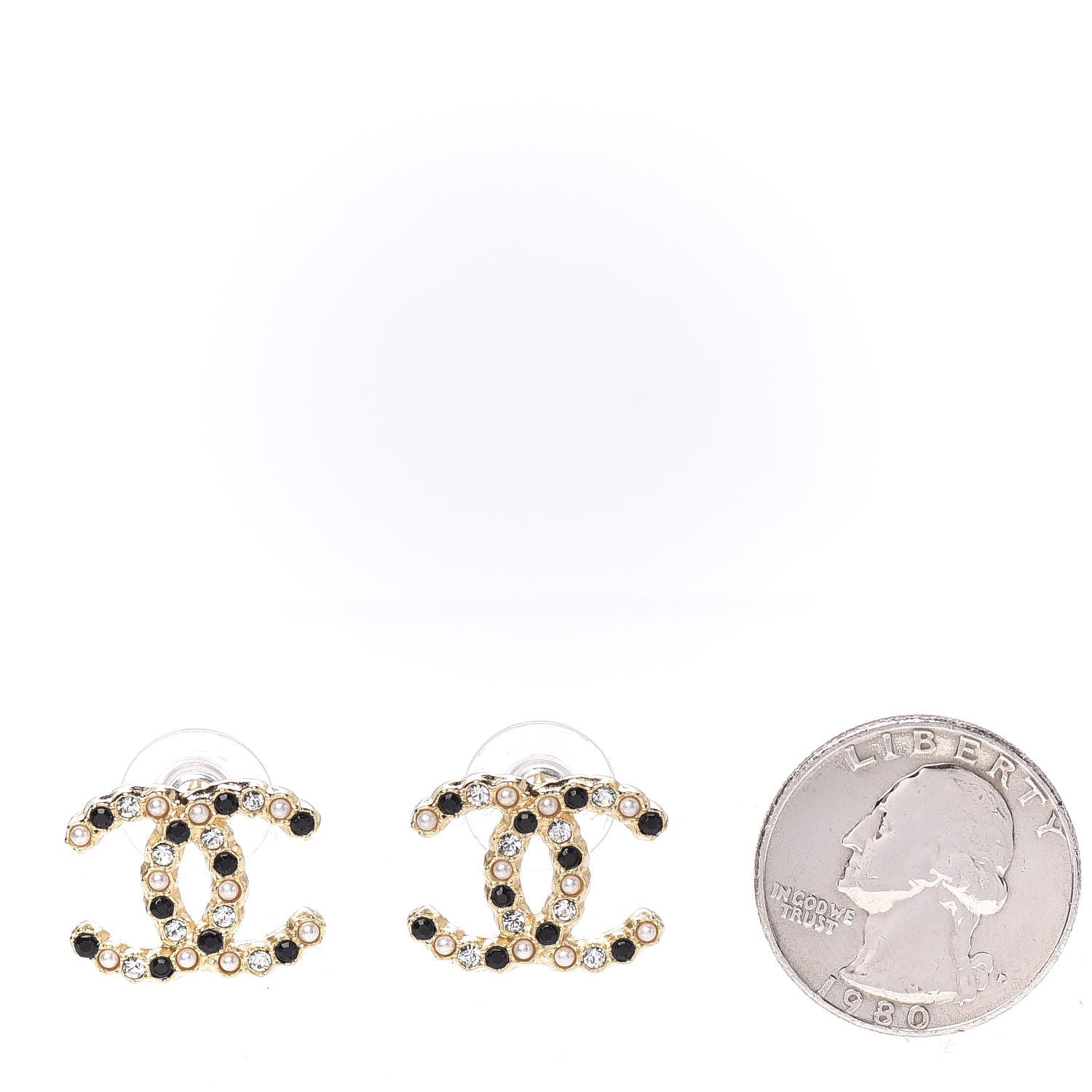 Chanel Resin Pearl Crystal CC Earrings Gold Black 2 of 5