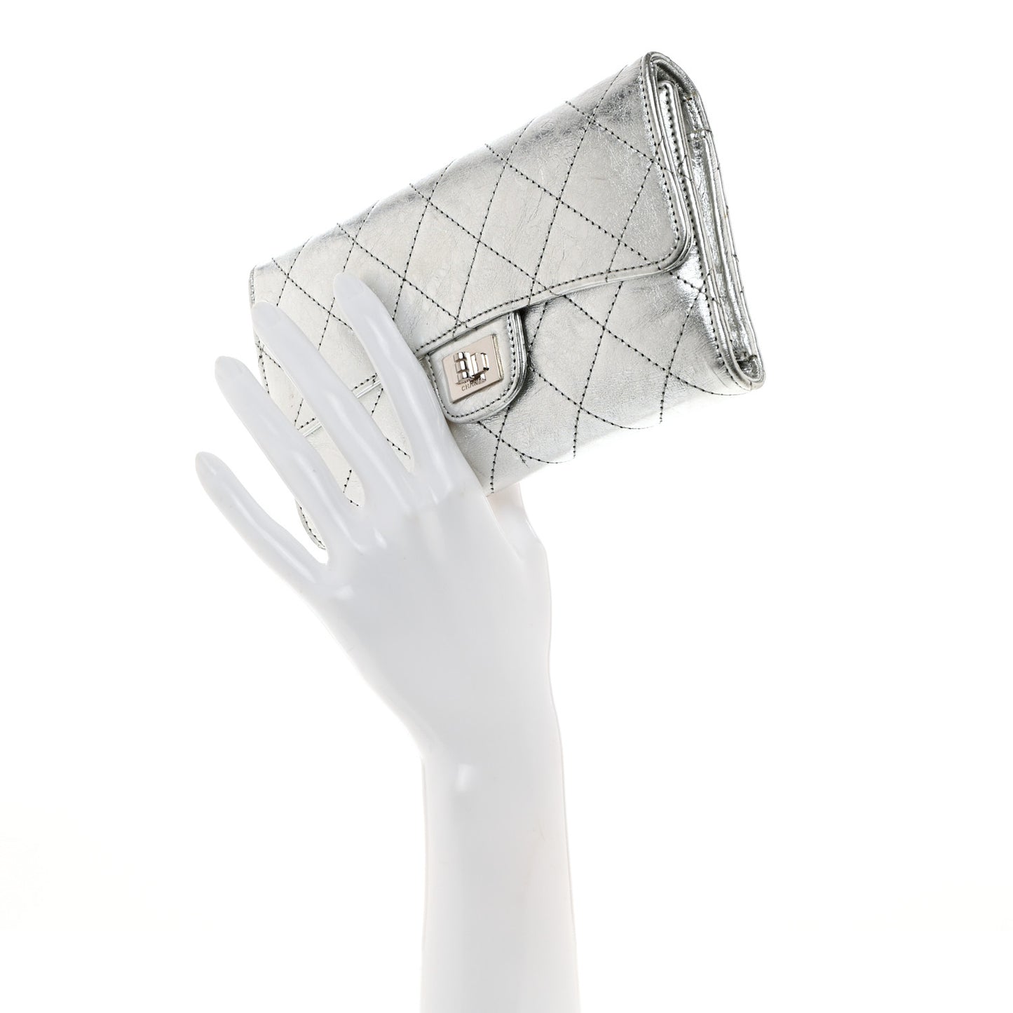 Metallic Aged Calfskin Quilted Reissue Long Flap Wallet Light Silver