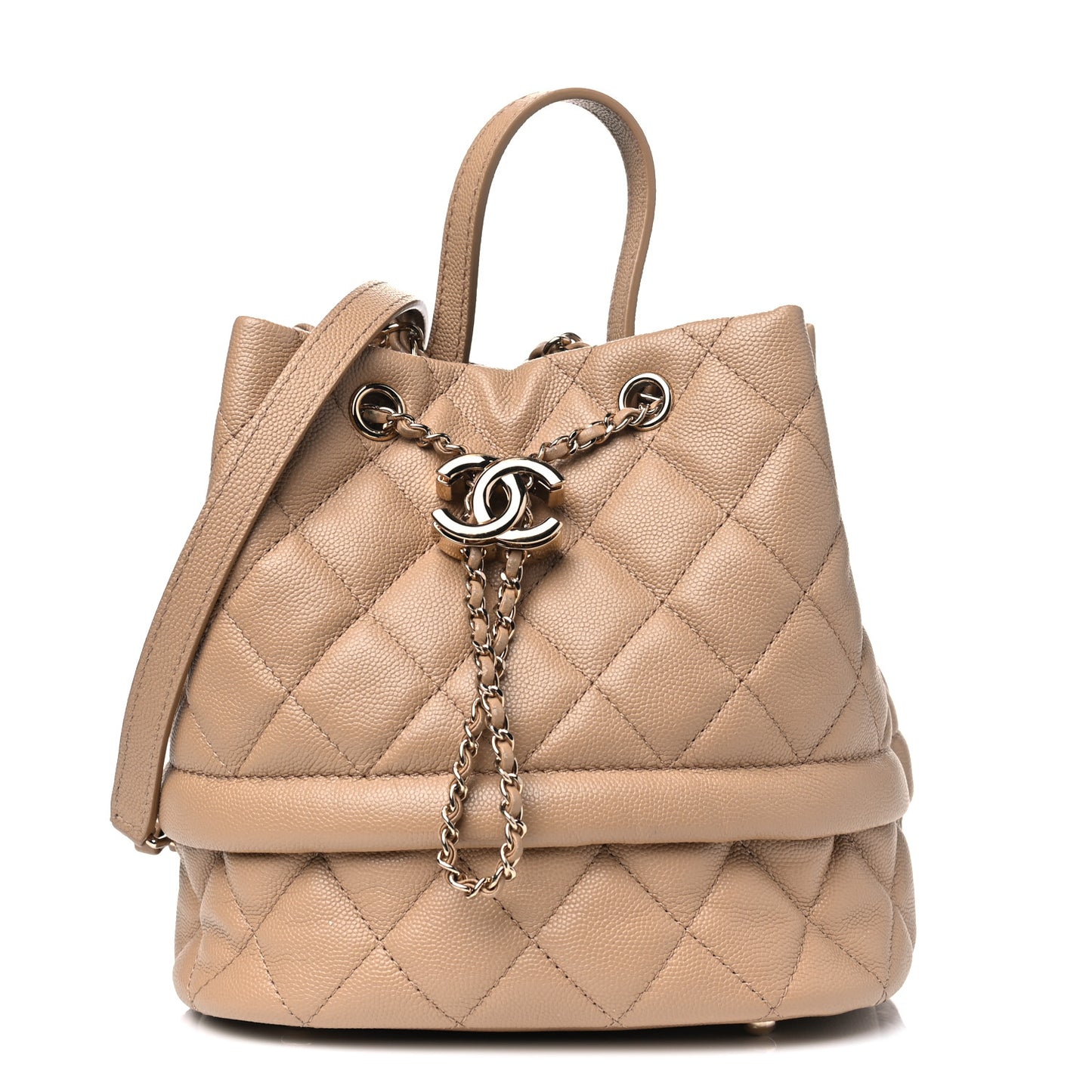 Caviar Quilted Rolled Up Bucket Drawstring Bag Beige