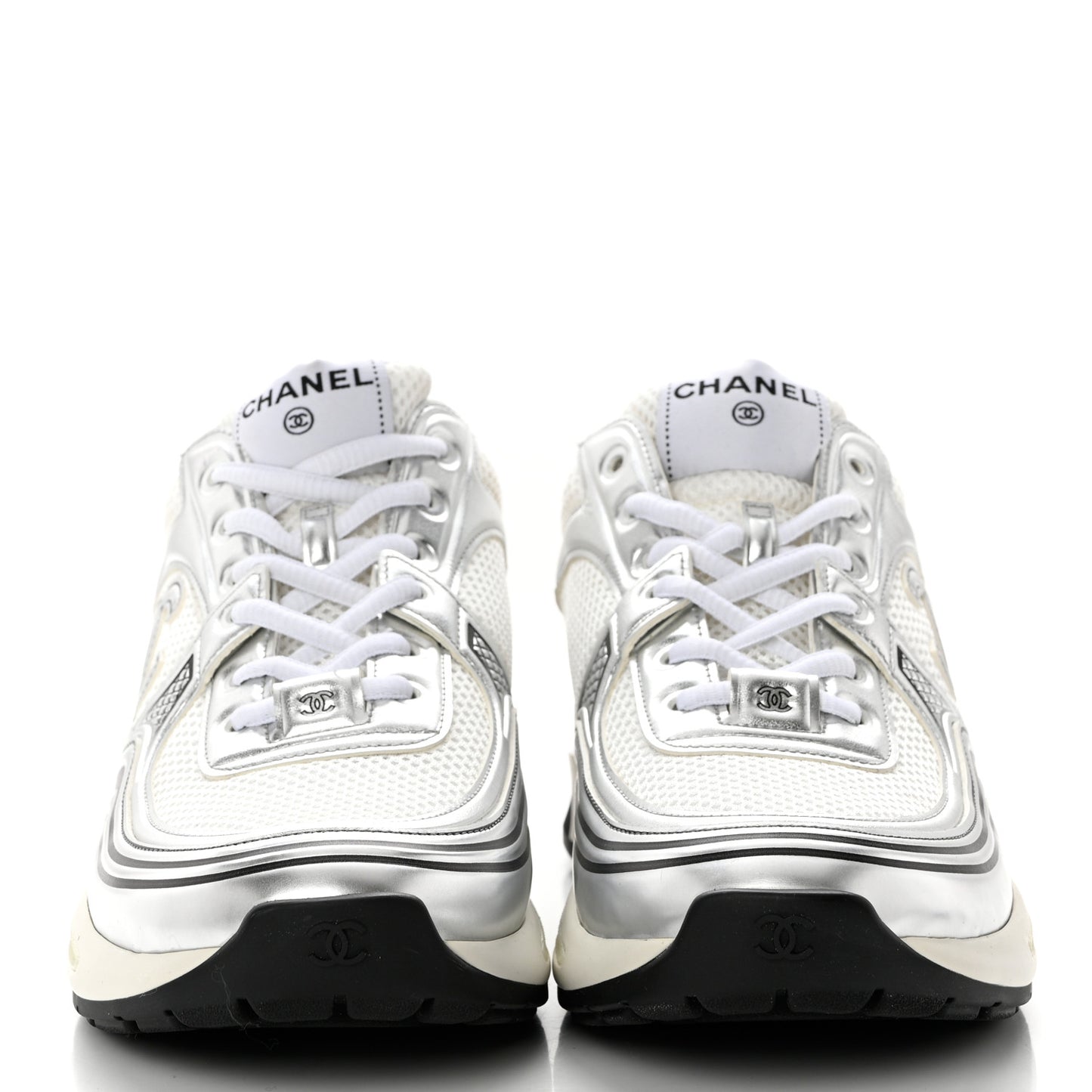 Fabric Laminated Calfskin Stretch CC Womens Sneakers 41 White Silver