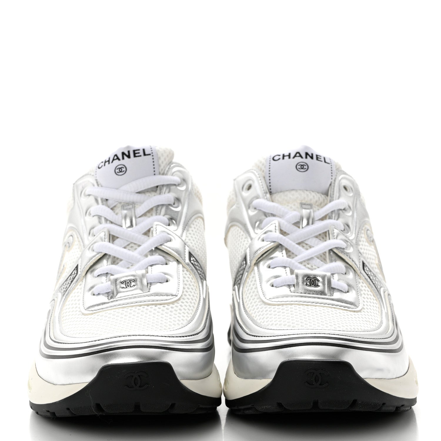 Chanel Fabric Laminated Calfskin Stretch CC Womens Sneakers 41 White Silver 2 of 9