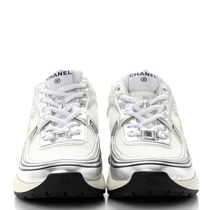 Chanel Fabric Laminated Calfskin Stretch CC Womens Sneakers 41 White Silver 2 of 9