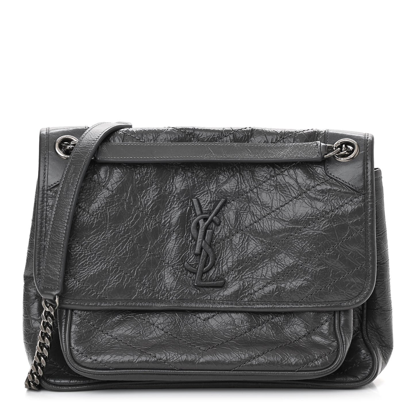 Crinkled Calfskin Matelasse Monogram Medium Niki Chain Satchel Storm