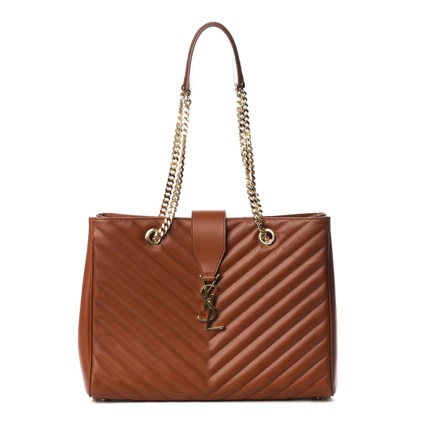 Smooth Calfskin Matelasse Chevron Large Monogram Shopping Bag Brown
