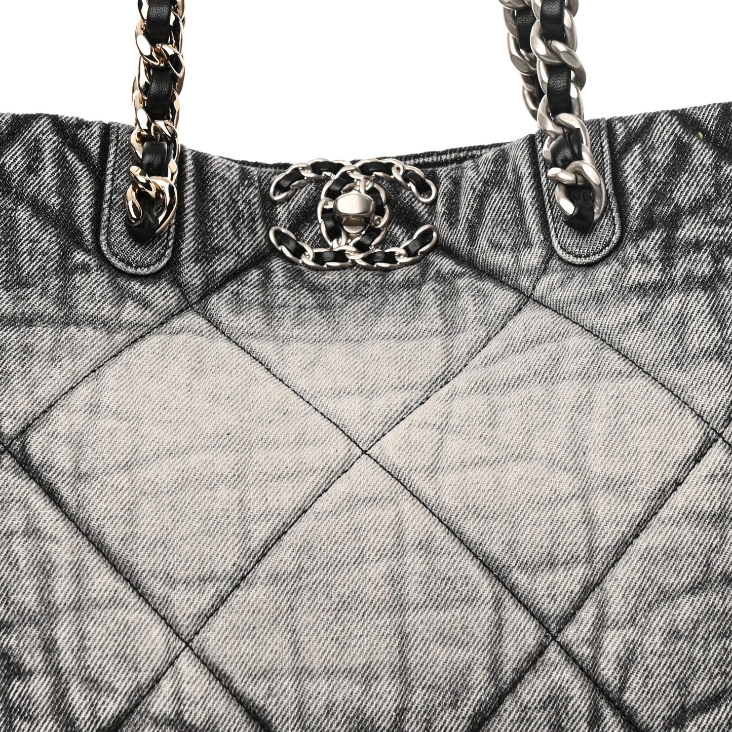 Washed Denim Quilted Chanel 19 East West Shopping Bag Black White