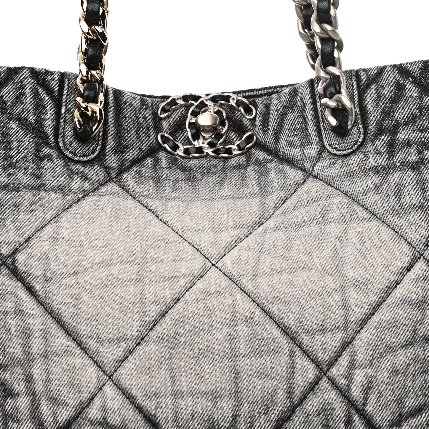 Chanel Washed Denim Quilted Chanel 19 East West Shopping Bag Black White 8 of 10