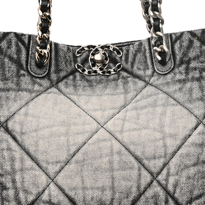 Chanel Washed Denim Quilted Chanel 19 East West Shopping Bag Black White 8 of 10
