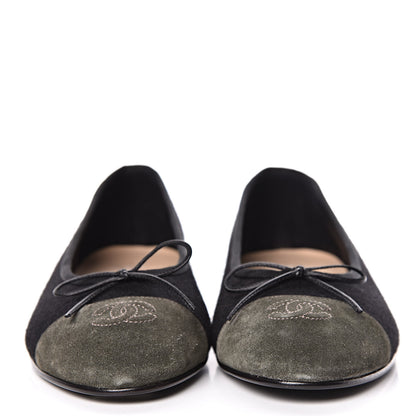 Chanel Fabric Suede Cap Toe CC Ballerina Flats 41 Black Dark Khaki 2 of 11