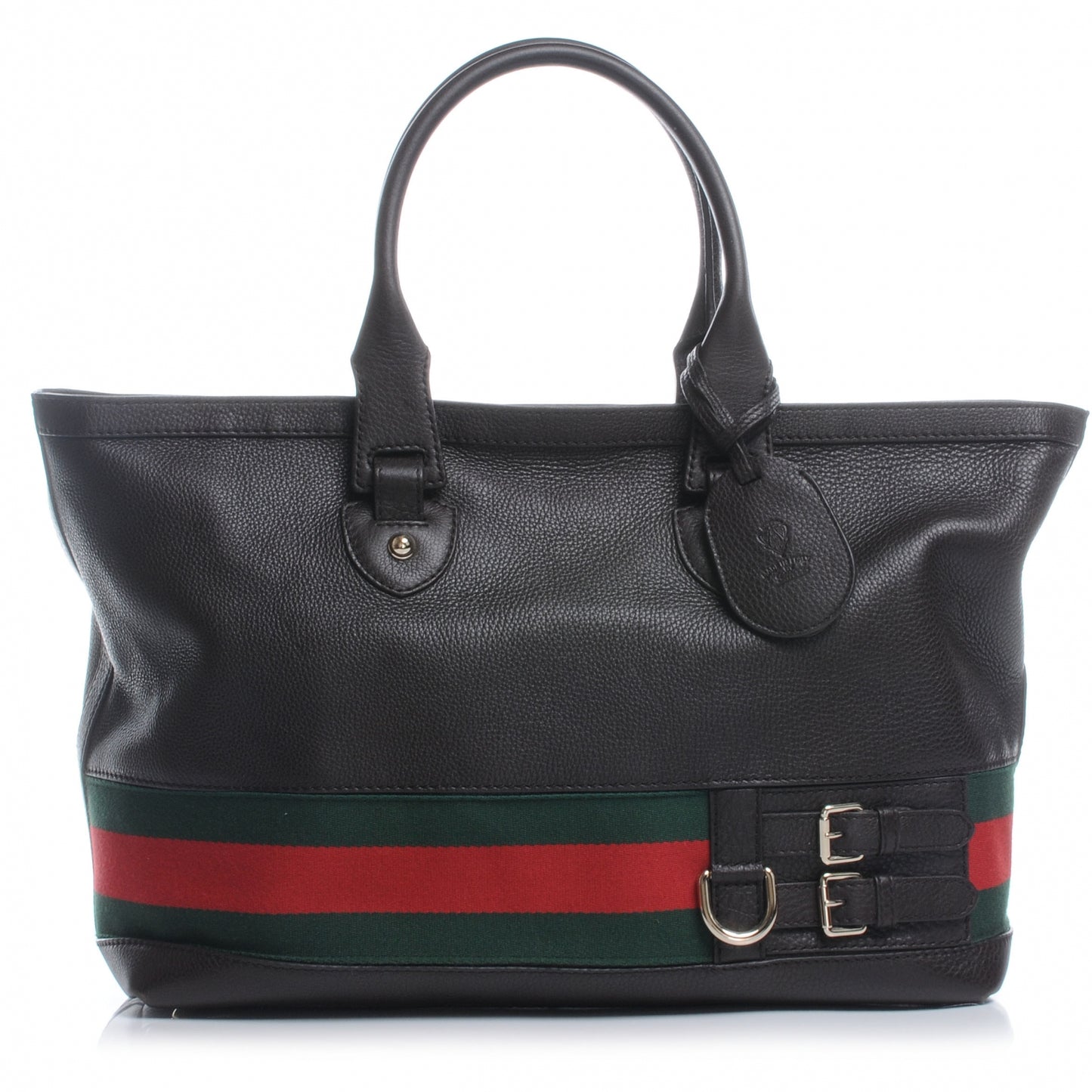 Leather Large Web Heritage Tote Dark Brown