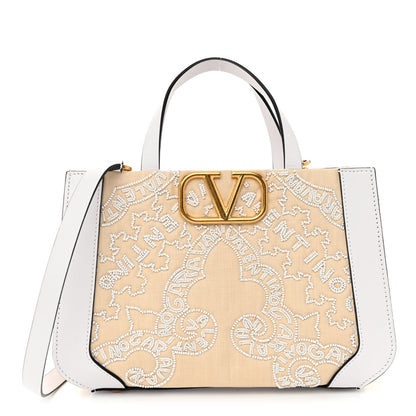 Valentino Garavani Canvas Calfskin Embellished Small Vlogo Signature Tote White Natural 1 of 9