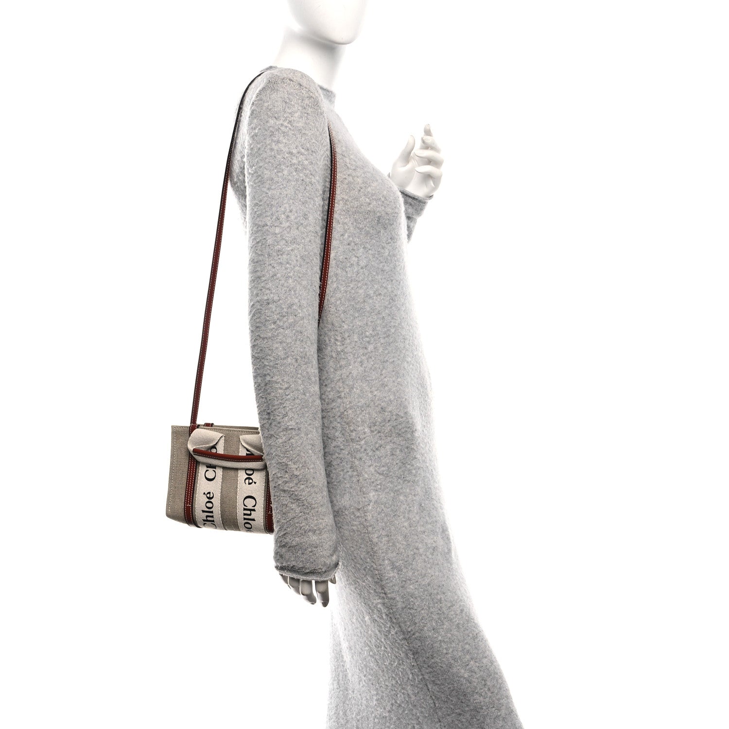 Chloe Linen Calfskin Mini Woody Ribbon Tote White Brown 3 of 10