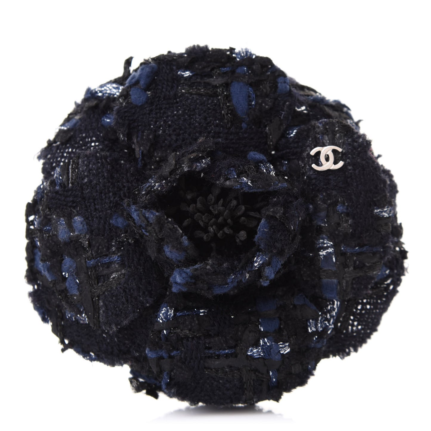 Tweed Camellia Pin Brooch Navy Blue