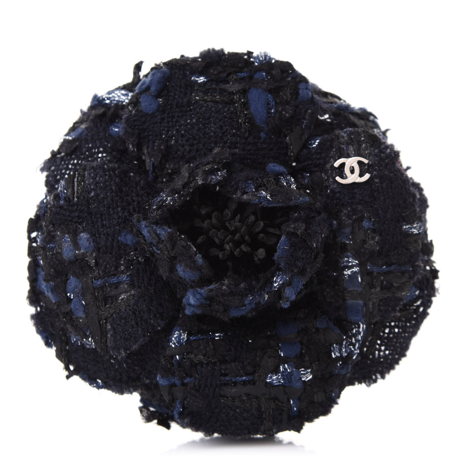 Chanel Tweed Camellia Pin Brooch Navy Blue 1 of 4
