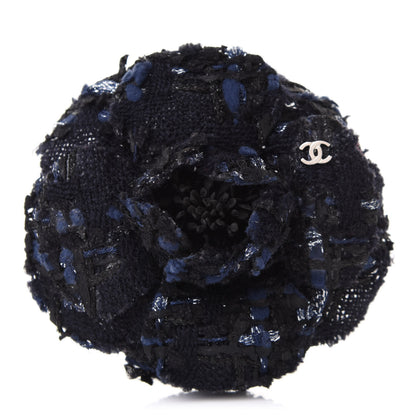 Chanel Tweed Camellia Pin Brooch Navy Blue 1 of 4