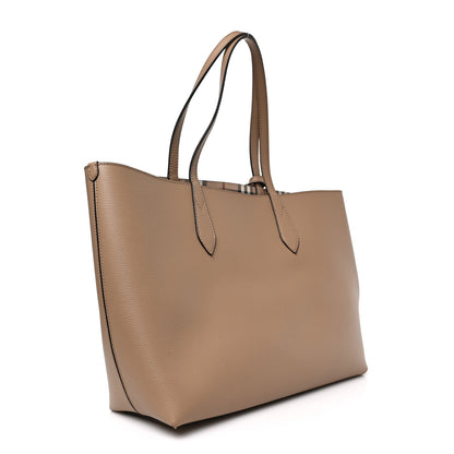 Burberry Grainy Calfskin Haymarket Check Medium Reversible Tote Camel 3 of 8
