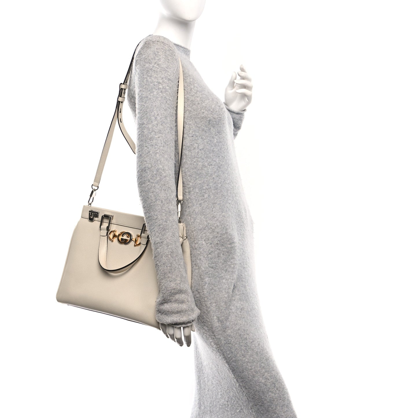 Grainy Calfskin Medium Zumi Top Handle Bag Mystic White