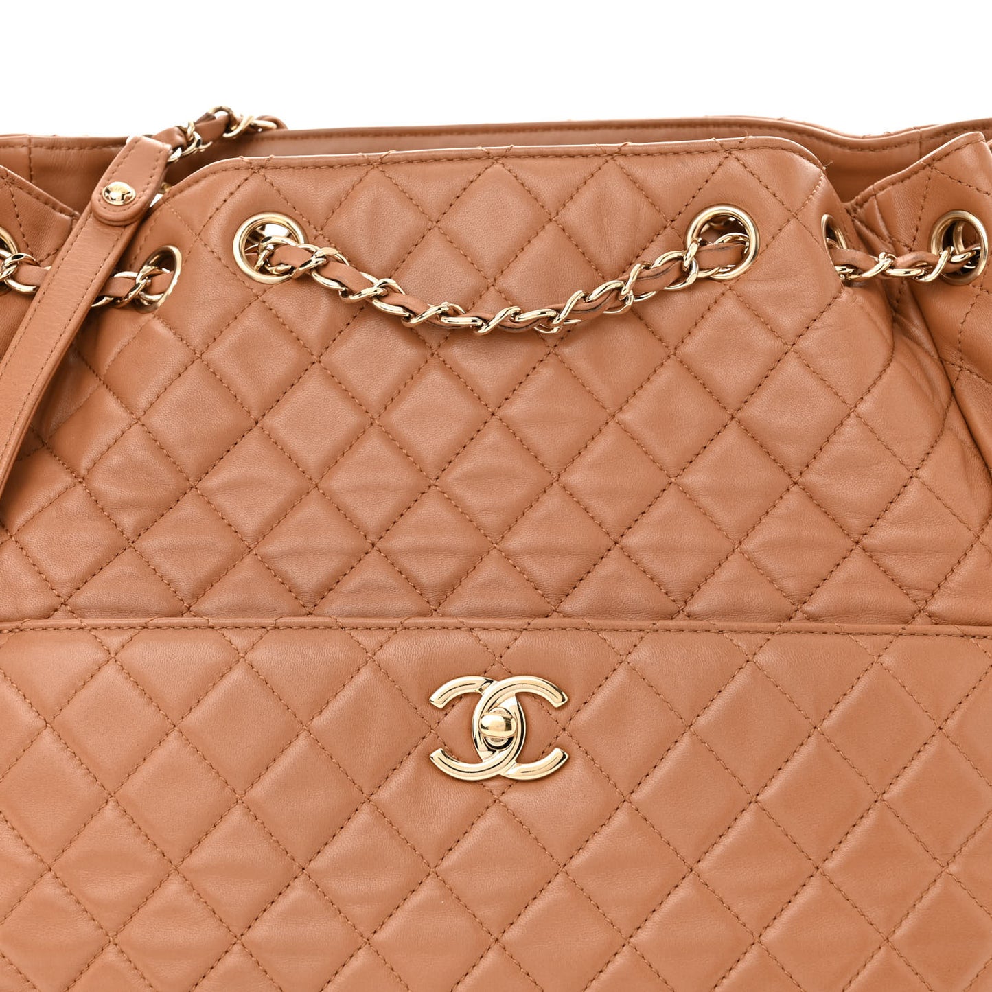 Lambskin Quilted Large Drawstring Shoulder Bag Dark Beige