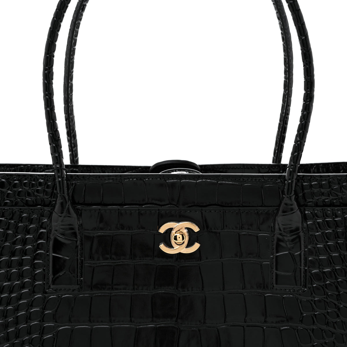 Calfskin Crocodile Embossed Archetype Small Shopping Tote Black