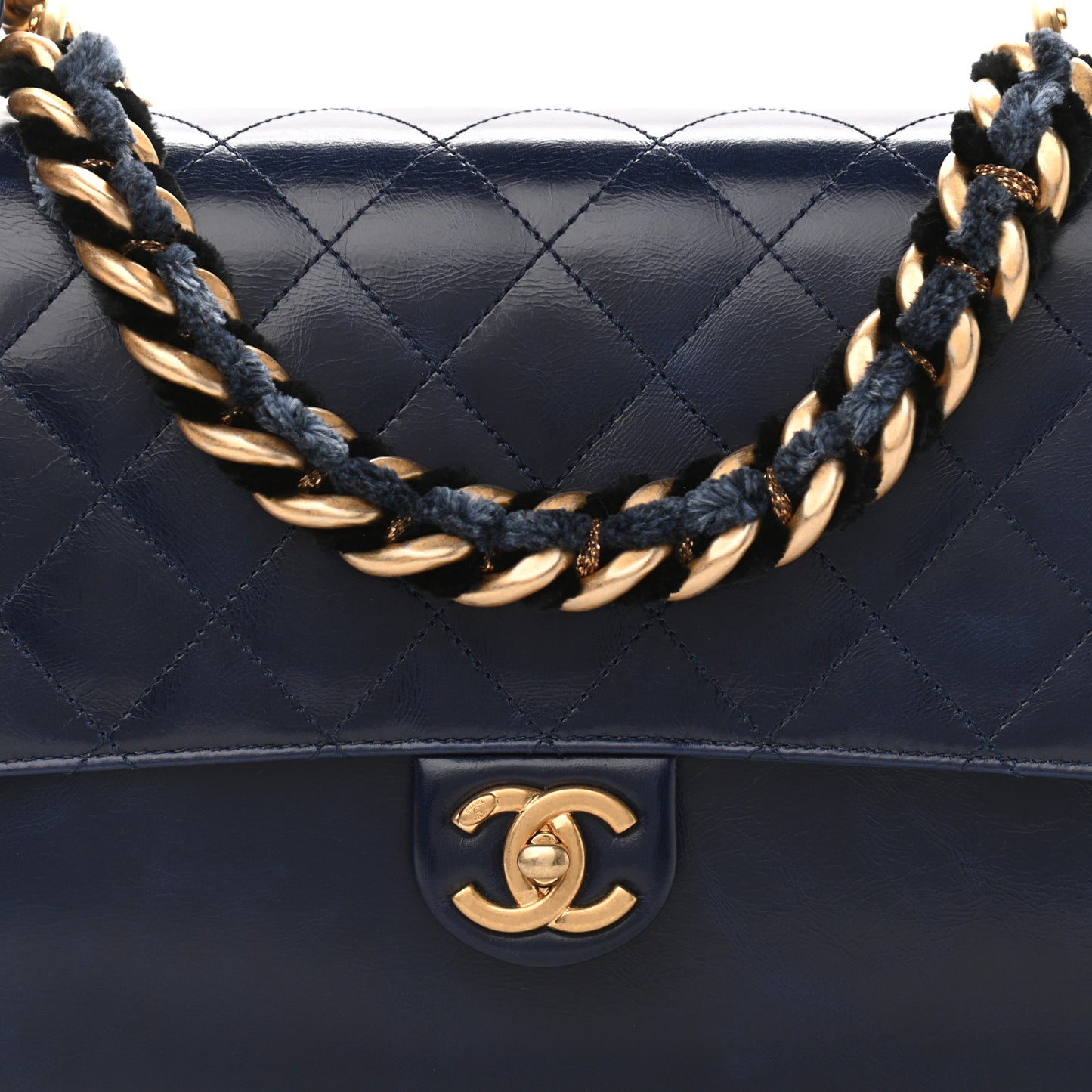 Iridescent Calfskin Quilted Straight Lined Flap Navy