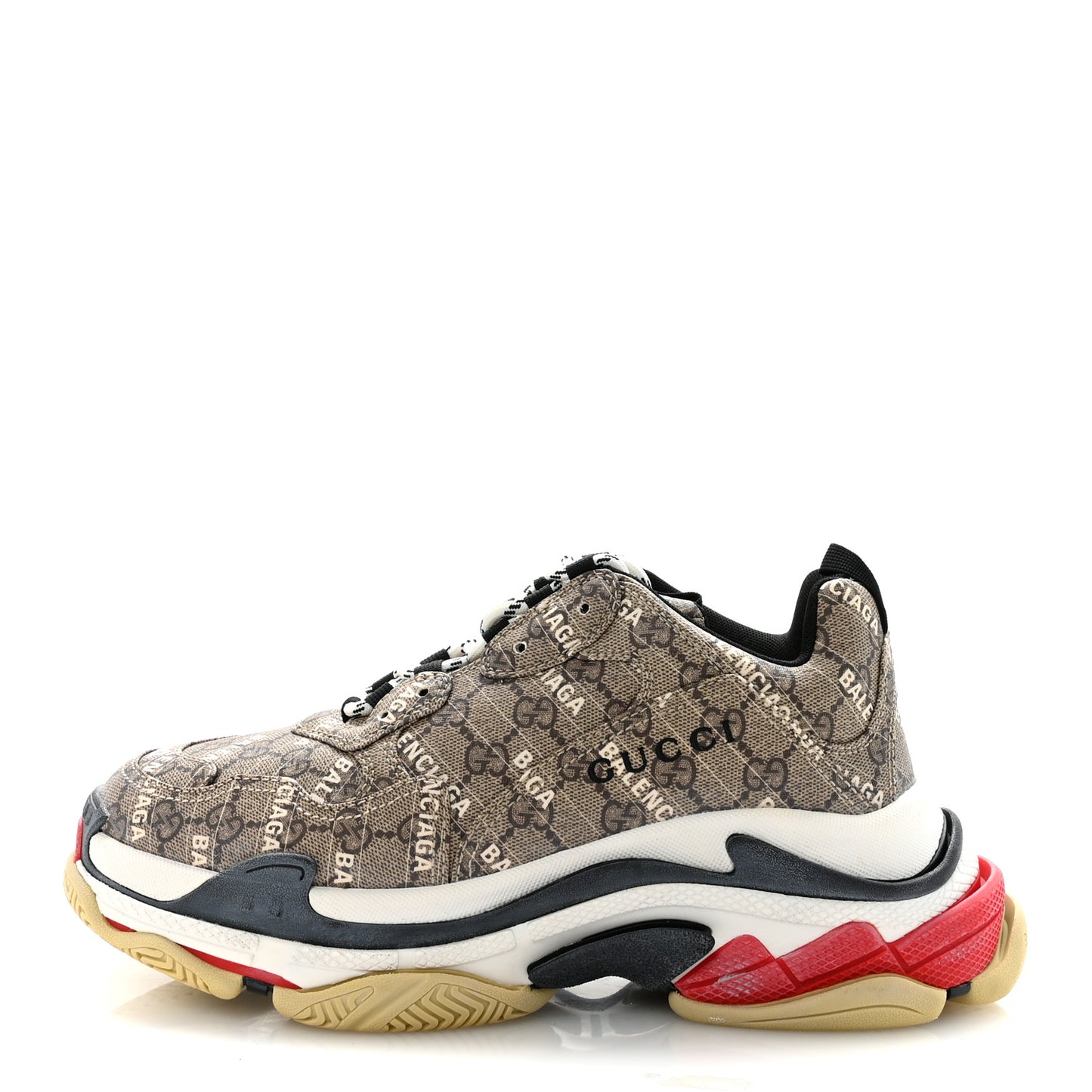 X GUCCI GG Supreme Monogram Allover Logo Mens Triple S Sneakers 42 Beige Ebony Mystic White