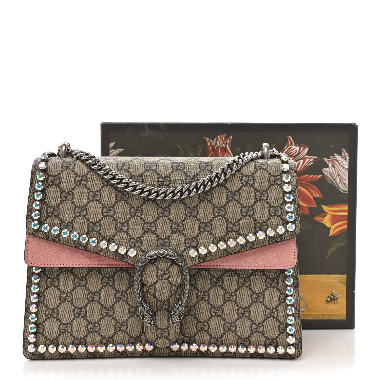 Gucci GG Supreme Monogram Suede Crystal Medium Dionysus Shoulder Bag Beige Ebony Light Peonia 16 of 16