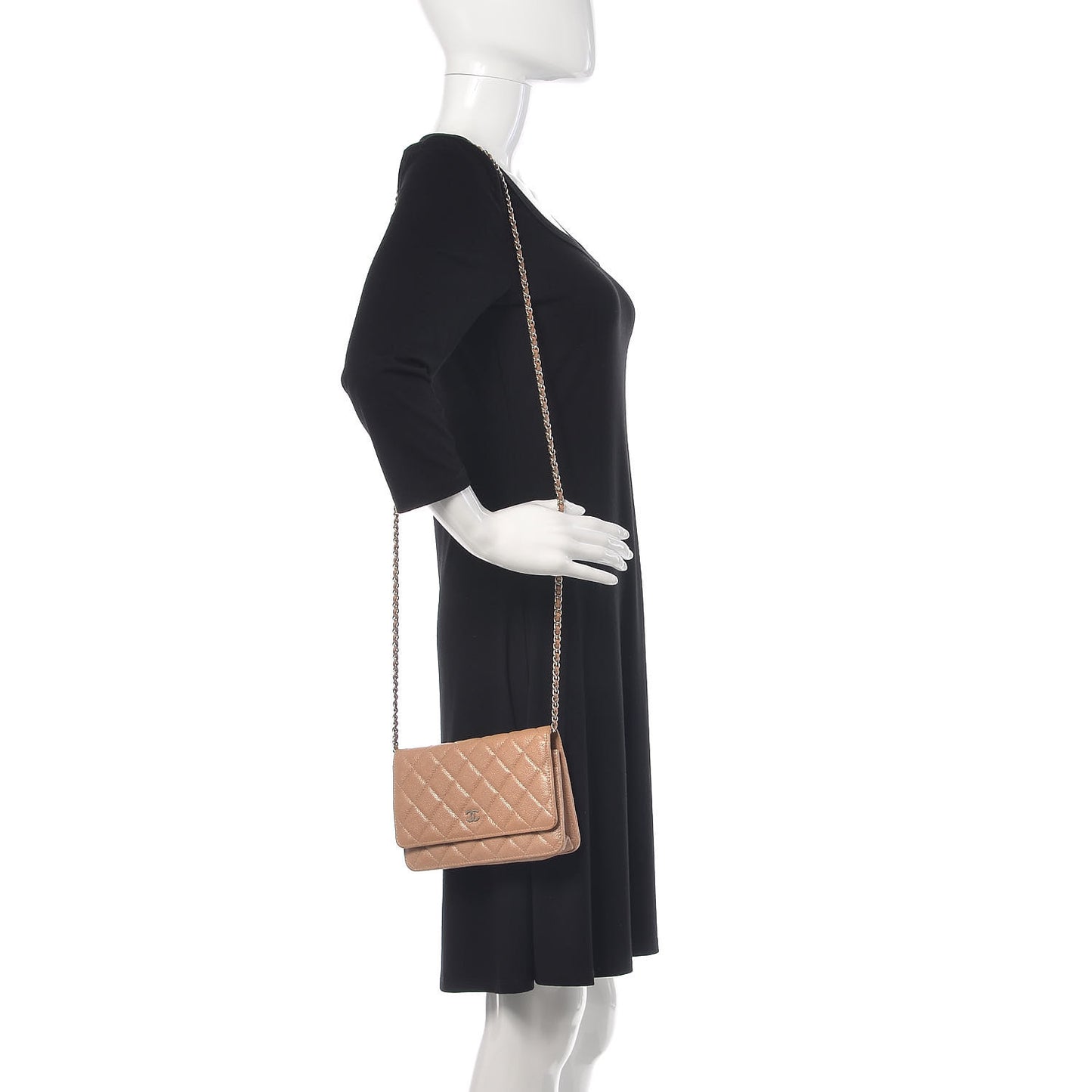 Metallic Caviar Quilted Wallet on Chain WOC Beige