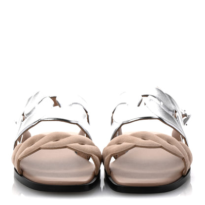 Hermes Metallic Nappa Chevre Velours Womens Grace Sandals 36.5 Gris Argente Beige 3 of 10