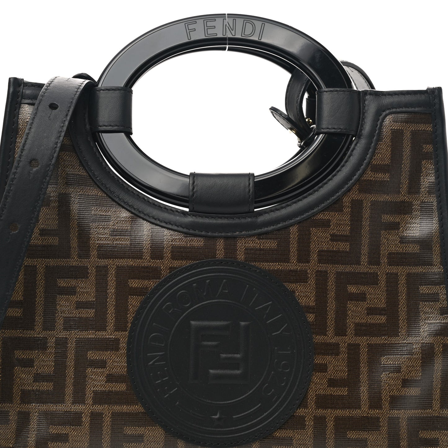 Glazed Fabric Vitello Century Plexiglass FF 1974 Stamp Patch Small Runaway Shopper Tote Mogano Panna Black