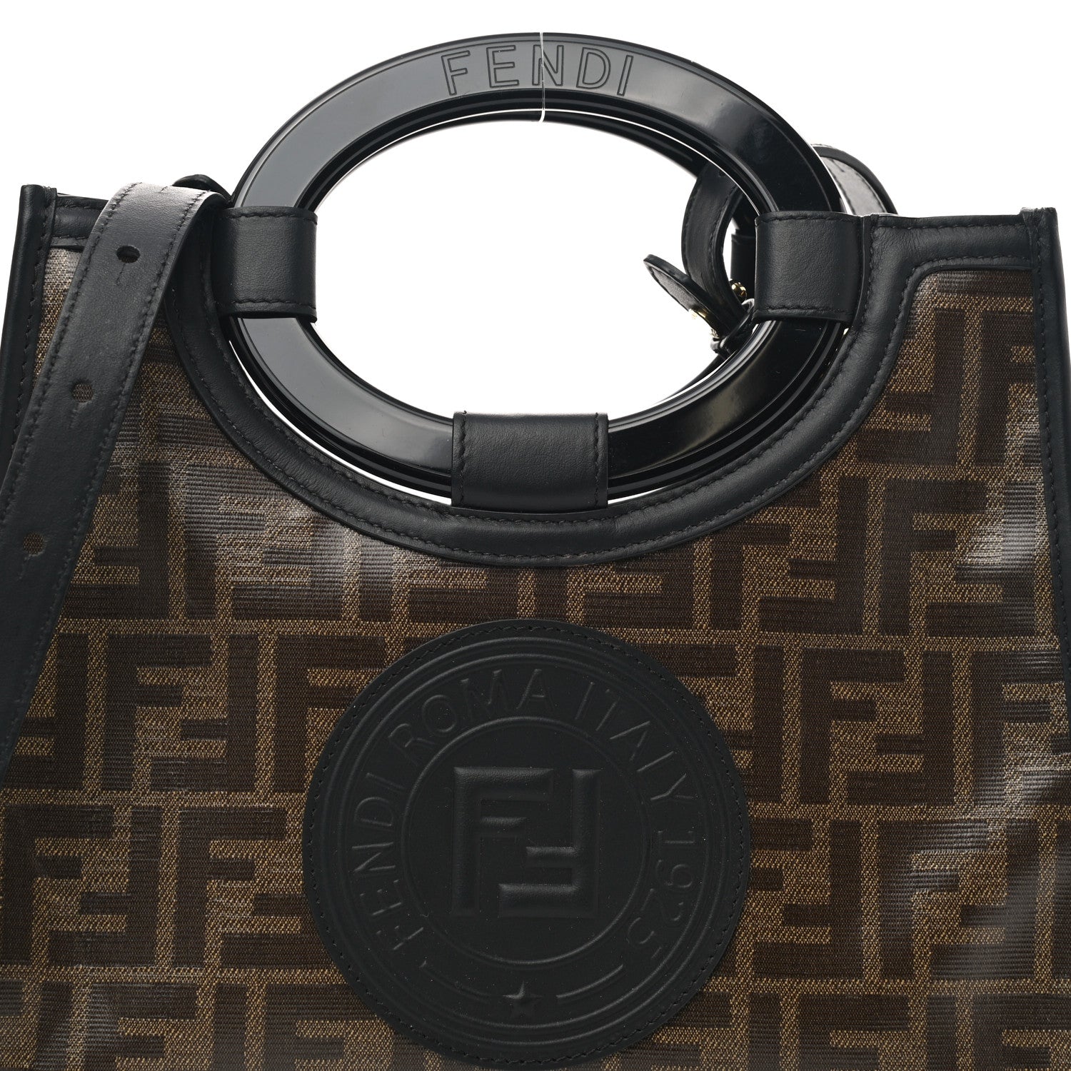 Fendi Glazed Fabric Vitello Century Plexiglass FF 1974 Stamp Patch Small Runaway Shopper Tote Mogano Panna Black 8 of 10